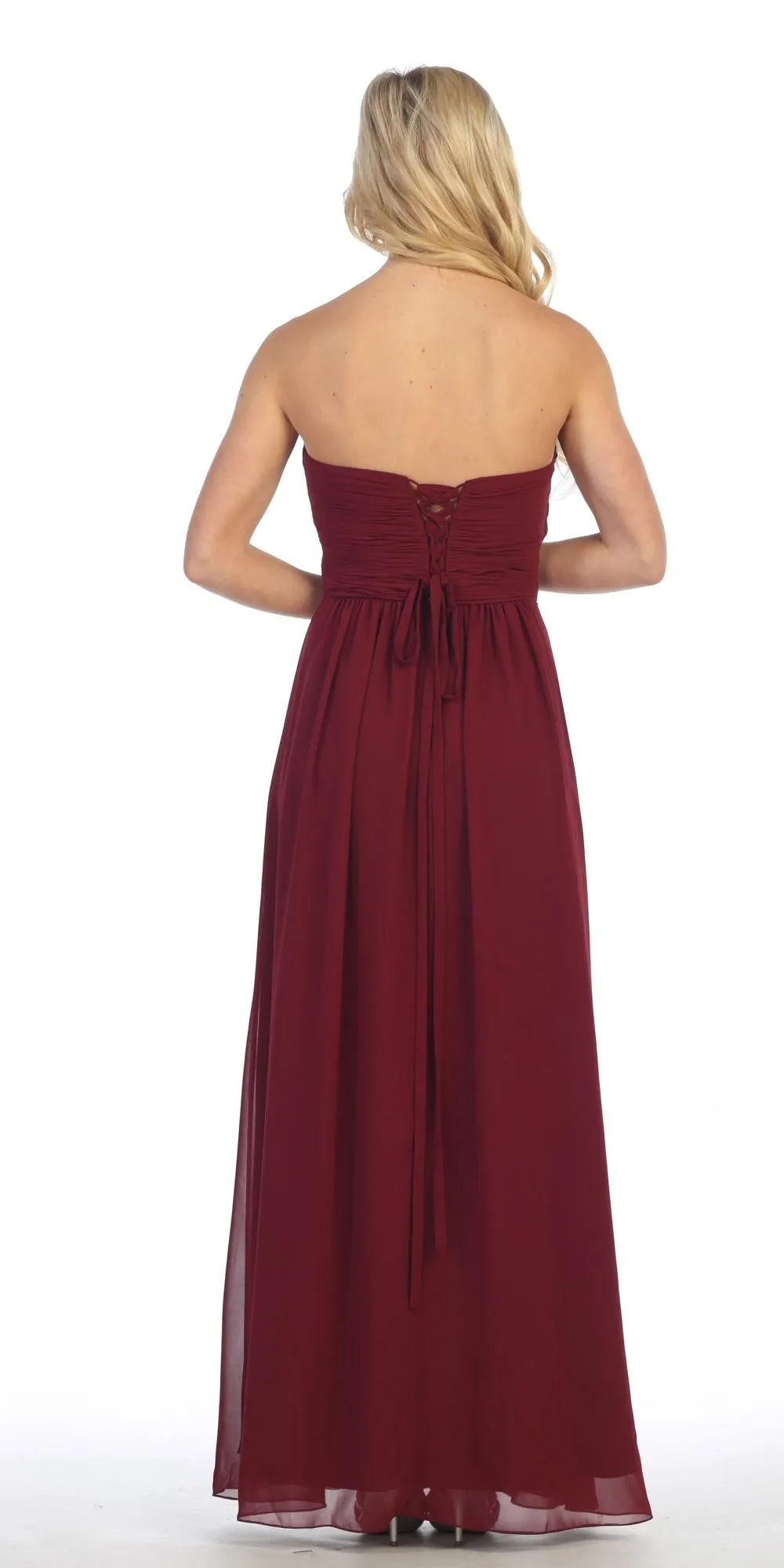 Celavie 5011 Long Strapless Chiffon Ruched A-Line Strapless Gown Corset Back