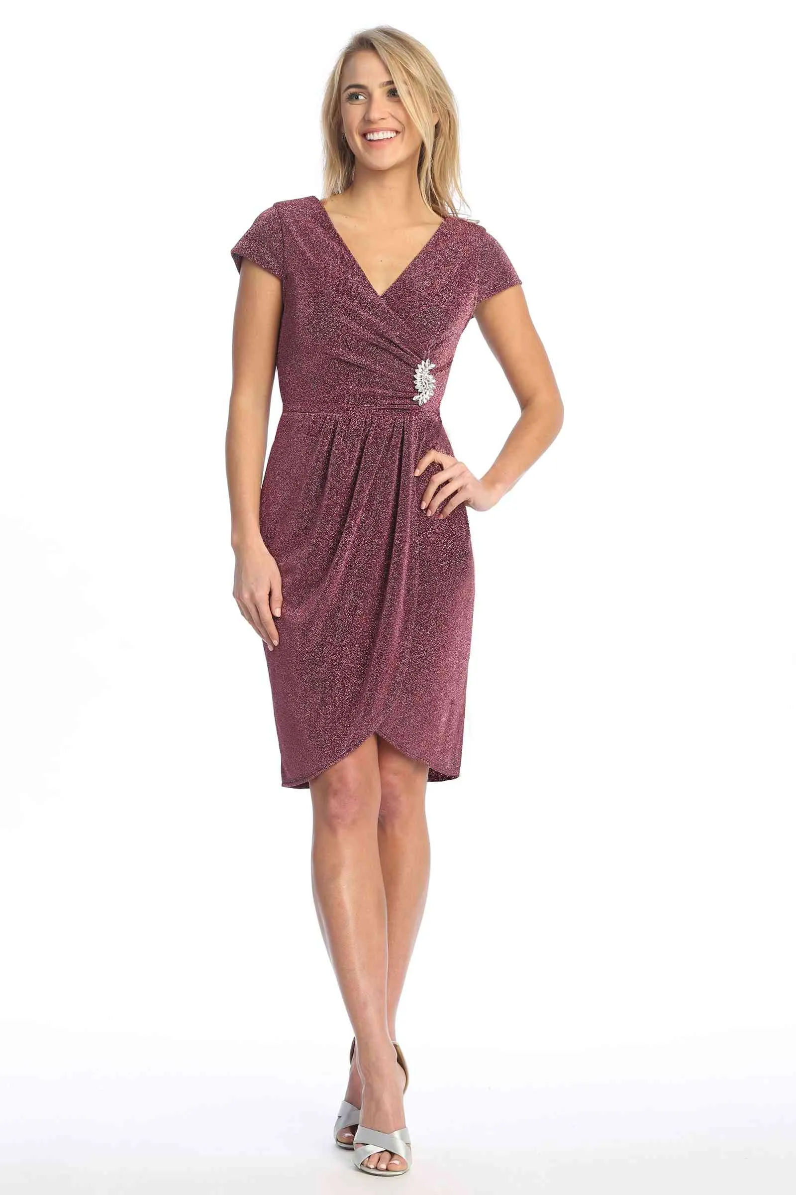 Celavie 6587-S Dress Cap Sleeves V-Neckline Knee Length Dress