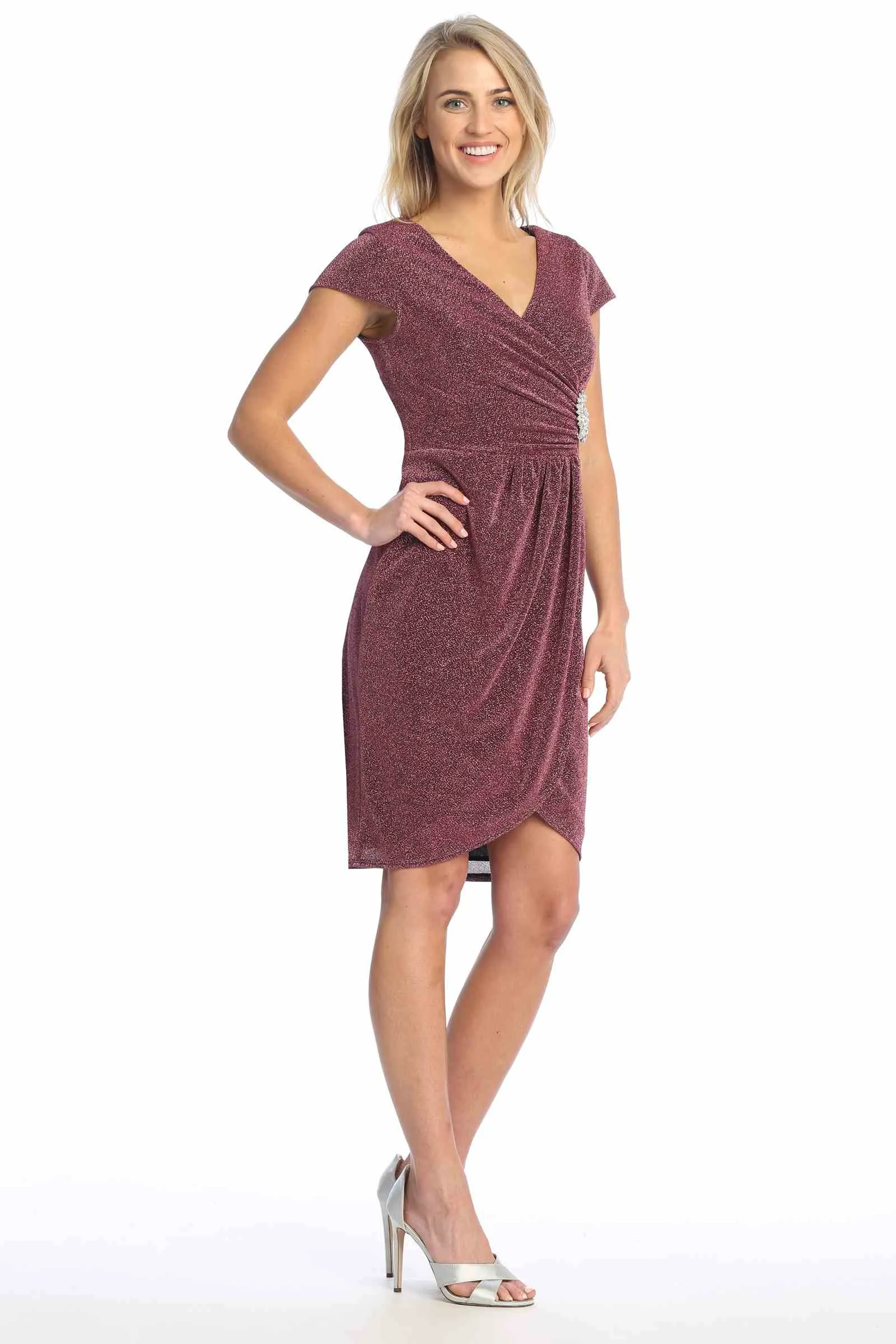 Celavie 6587-S Dress Cap Sleeves V-Neckline Knee Length Dress