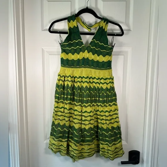 Charlie &amp; Robin Anthropologie Mod 70s Knit Chevron Green Halter Neck Dress Small
