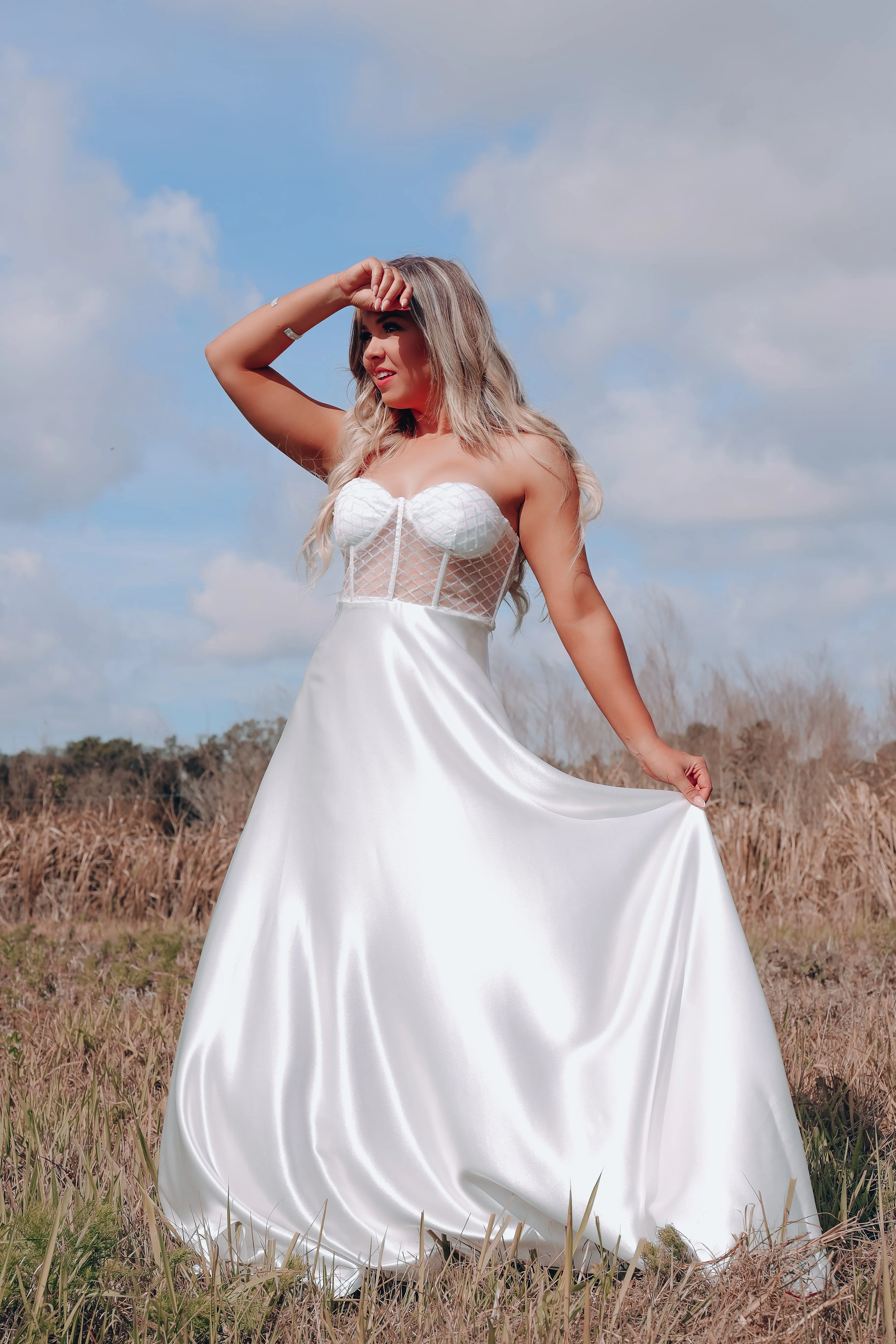 Cheers Corset Mesh/Sequin Maxi Dress - Ivory