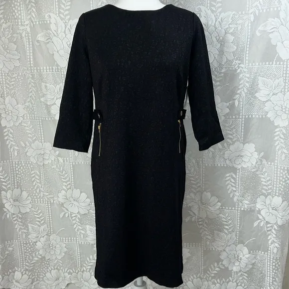 Chicos Ponte Jacquard Sheath Zipper-Detail Dress Animal Chetah Print Dress