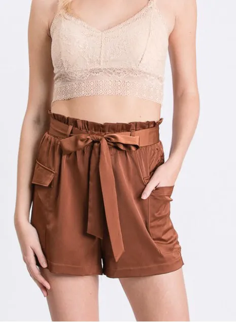 Cognac Satin Shorts