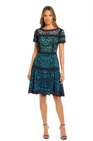 Colorblock Laser Cut Fit & Flare in Teal