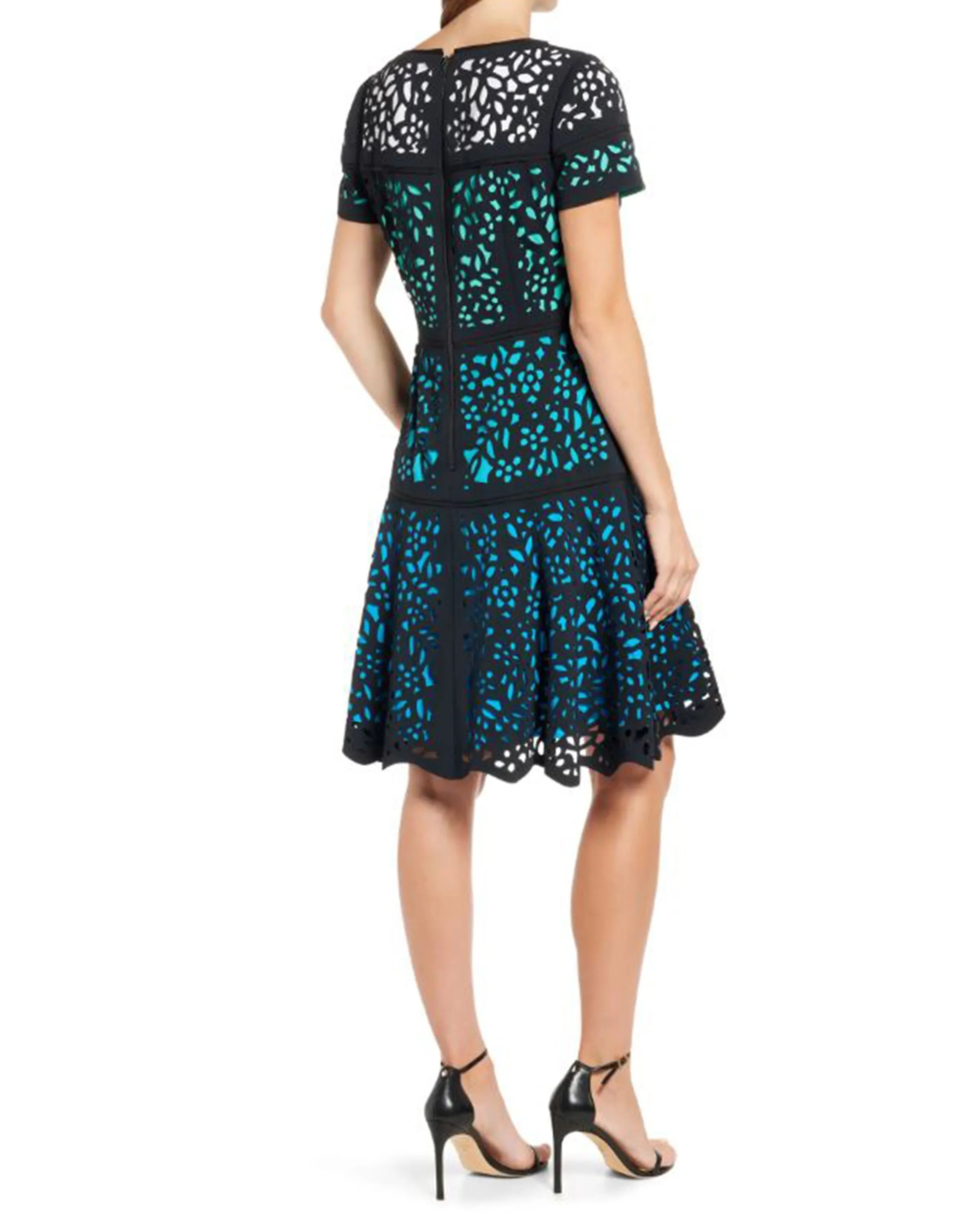 Colorblock Laser Cut Fit & Flare in Teal
