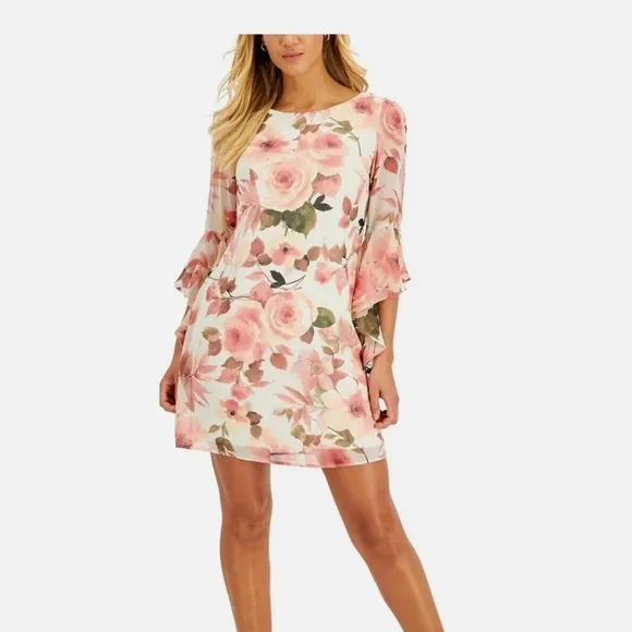 Connected Apparel Ruffled-Sleeve Coral Floral Dress 24 W