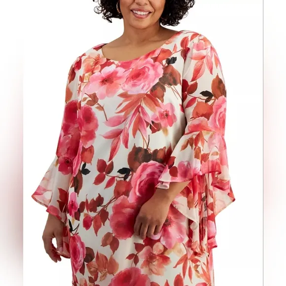 Connected Apparel Ruffled-Sleeve Coral Floral Dress 24 W