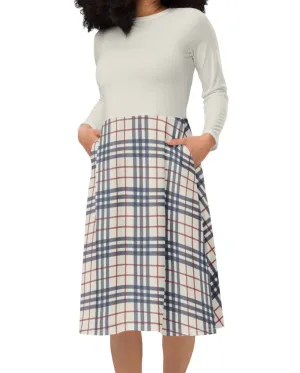 Cream, Red & Navy Plaid Midi Dress (S-4XL)