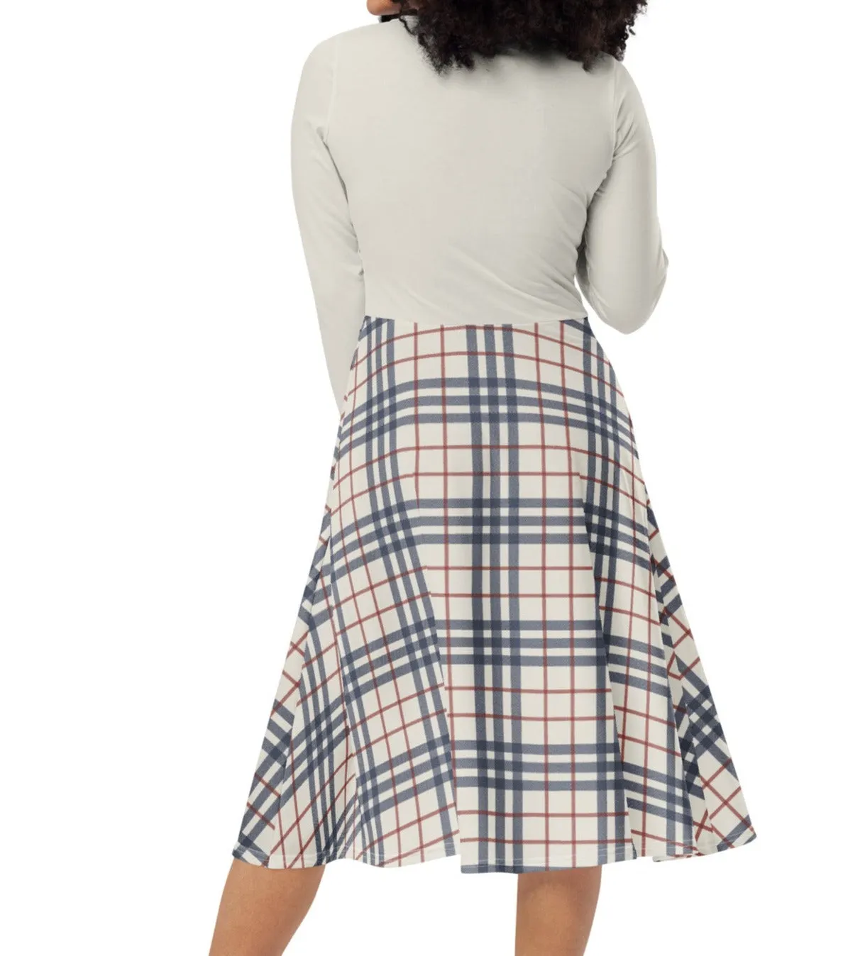 Cream, Red & Navy Plaid Midi Dress (S-4XL)