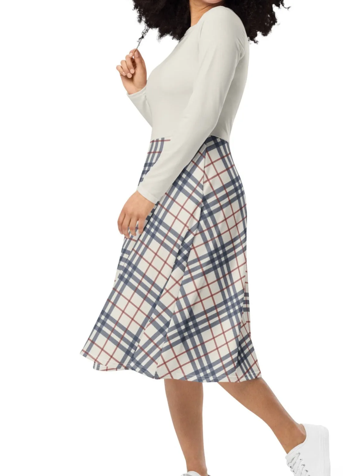 Cream, Red & Navy Plaid Midi Dress (S-4XL)