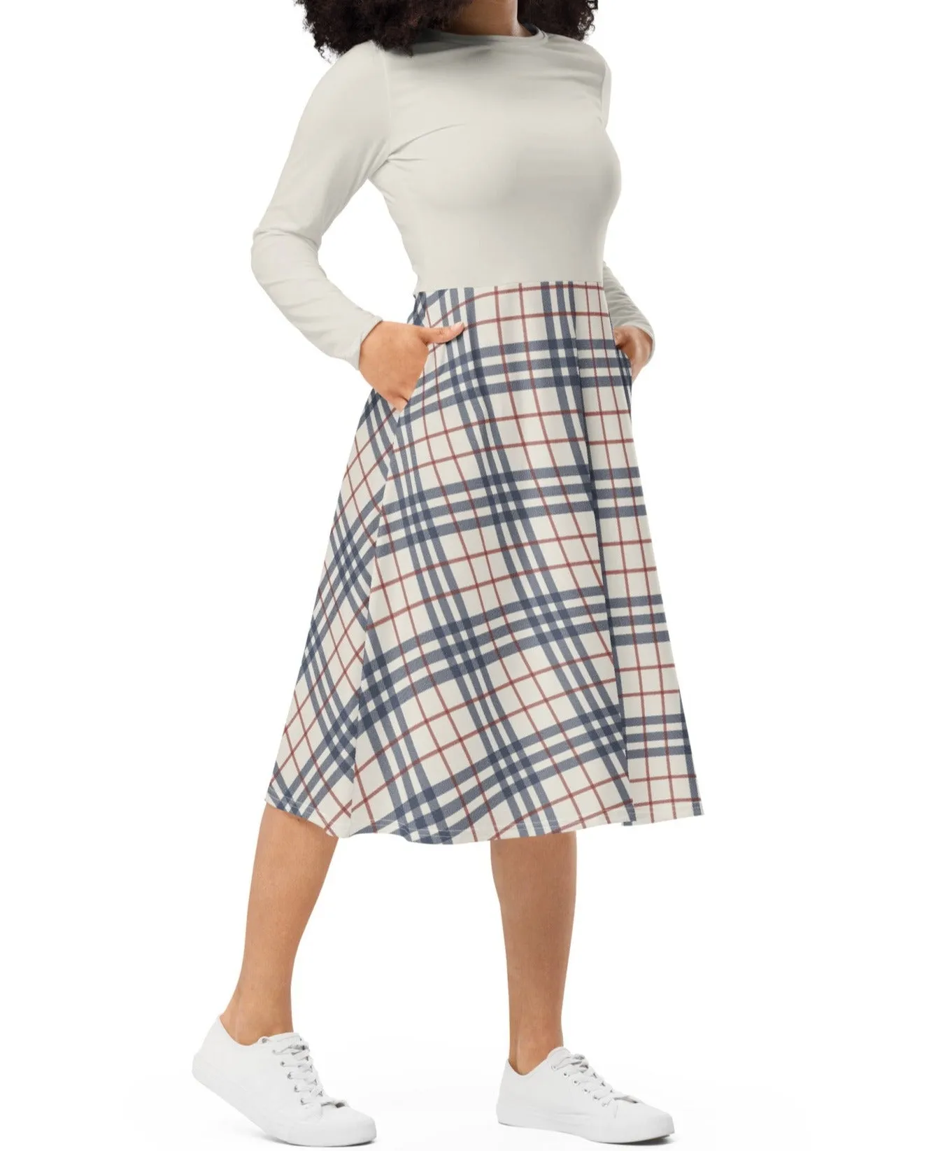 Cream, Red & Navy Plaid Midi Dress (S-4XL)