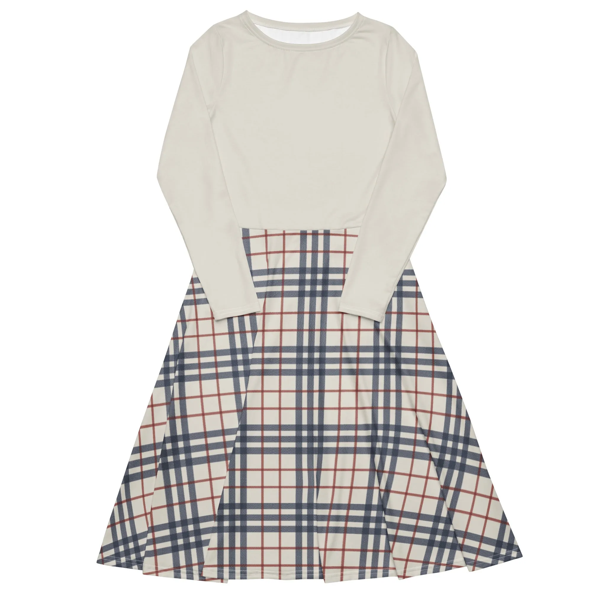 Cream, Red & Navy Plaid Midi Dress (S-4XL)