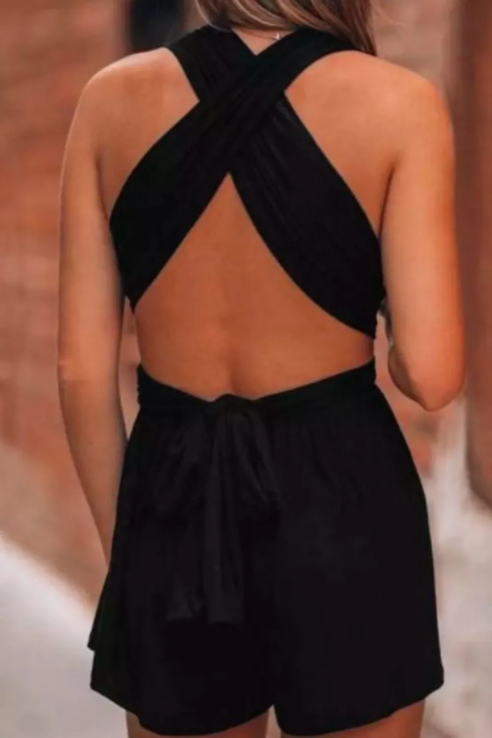 CrissCross Ruffled Halter  Tie Open Back Romper In Black