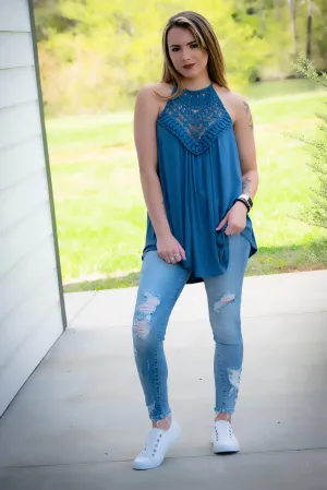 Crochet Lace Tank- Slate Blue
