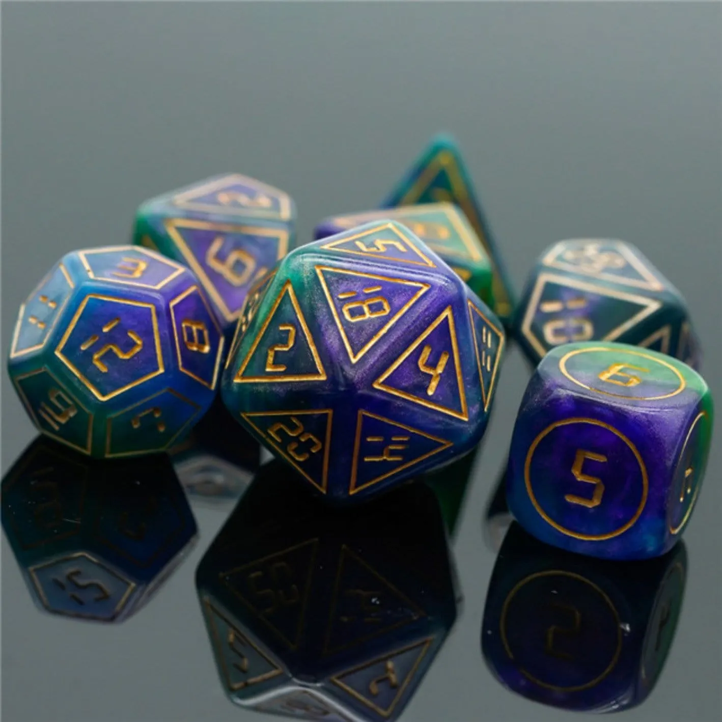 Cybernated Purple & Green RPG Dice Set - XLarge