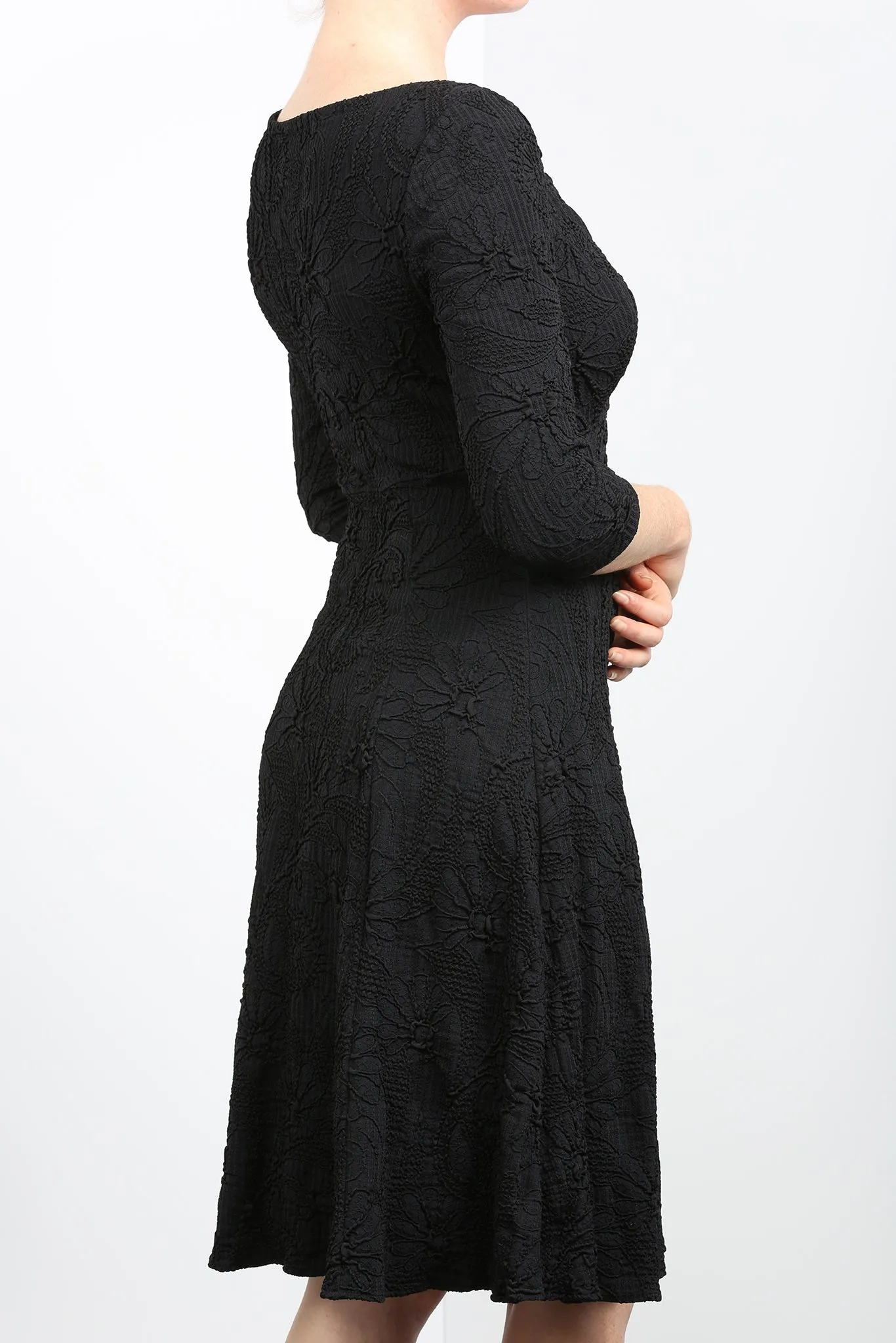 DAIN 3/4 Sleeve Scoop Neck Flared Trapeze Black Dress