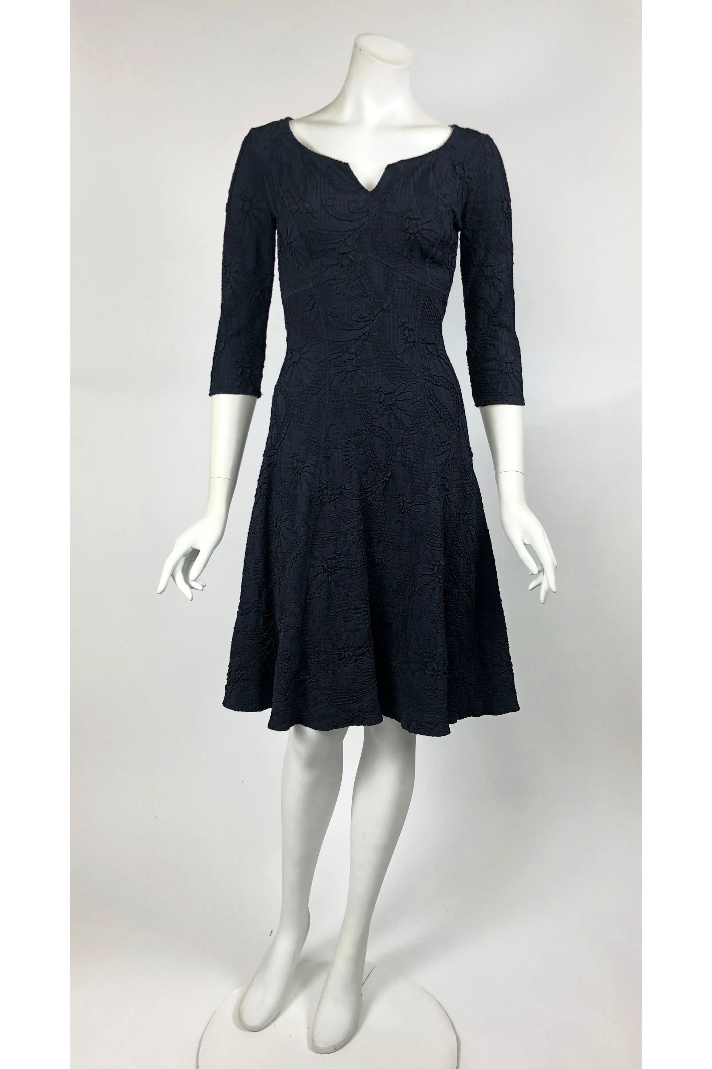 DAIN 3/4 Sleeve Scoop Neck Flared Trapeze Black Dress
