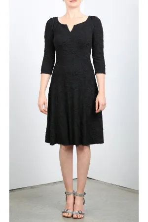 DAIN 3/4 Sleeve Scoop Neck Flared Trapeze Black Dress