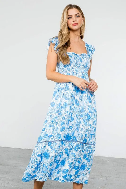Daphne Smocked Floral Print Maxi Dress