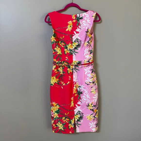 David Meister colorblock orchid floral belted sleeveless sheath dress sz 2