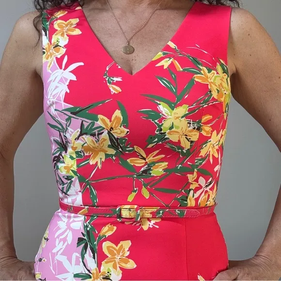 David Meister colorblock orchid floral belted sleeveless sheath dress sz 2