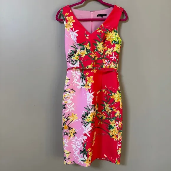David Meister colorblock orchid floral belted sleeveless sheath dress sz 2