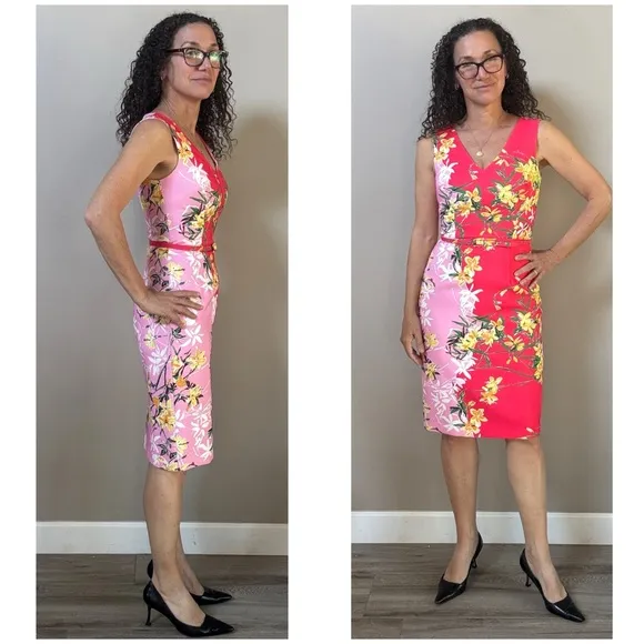 David Meister colorblock orchid floral belted sleeveless sheath dress sz 2