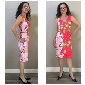David Meister colorblock orchid floral belted sleeveless sheath dress sz 2