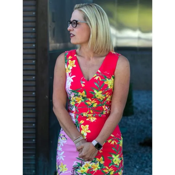 David Meister colorblock orchid floral belted sleeveless sheath dress sz 2