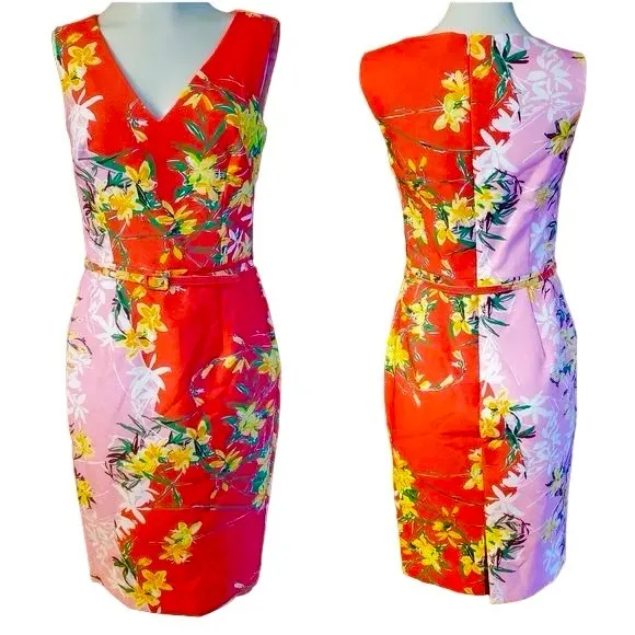 David Meister colorblock orchid floral belted sleeveless sheath dress sz 2