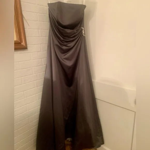 David’s Bridal Pewter Satin Gown With Side Drape Brooch Size 8