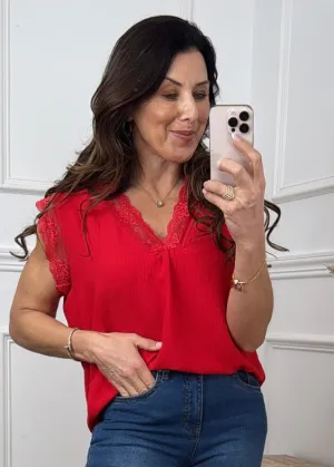 Davina Red Lace Trim Top