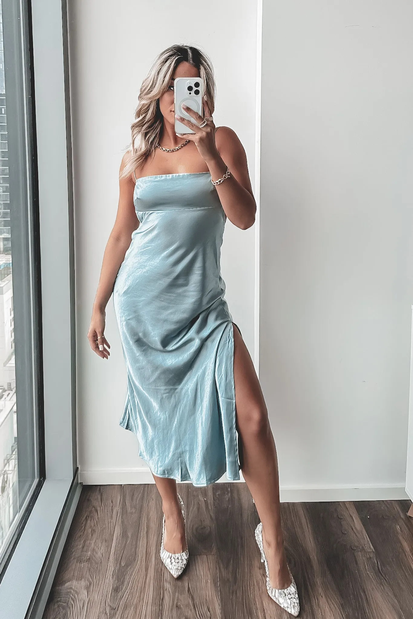 DEAL Promise Keeper Pale Blue Midi Satin Midi Dress