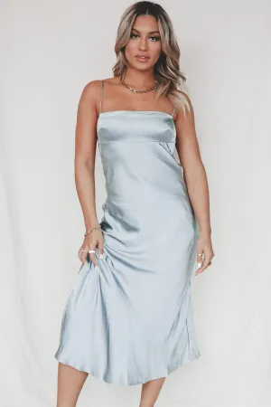 DEAL Promise Keeper Pale Blue Midi Satin Midi Dress