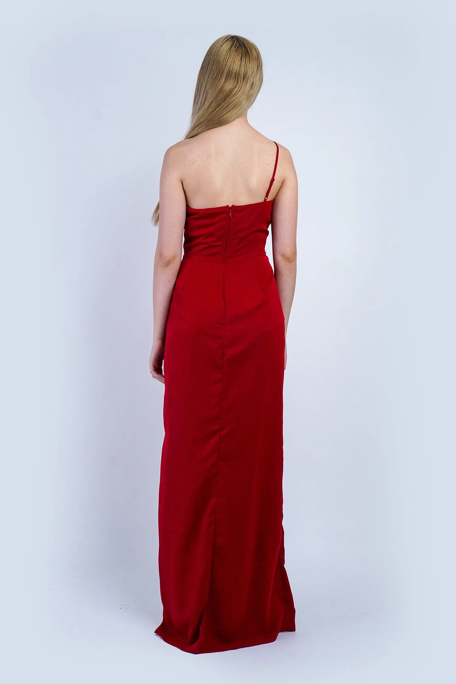 Deep Red One Shoulder Delicate Ruffle Gown