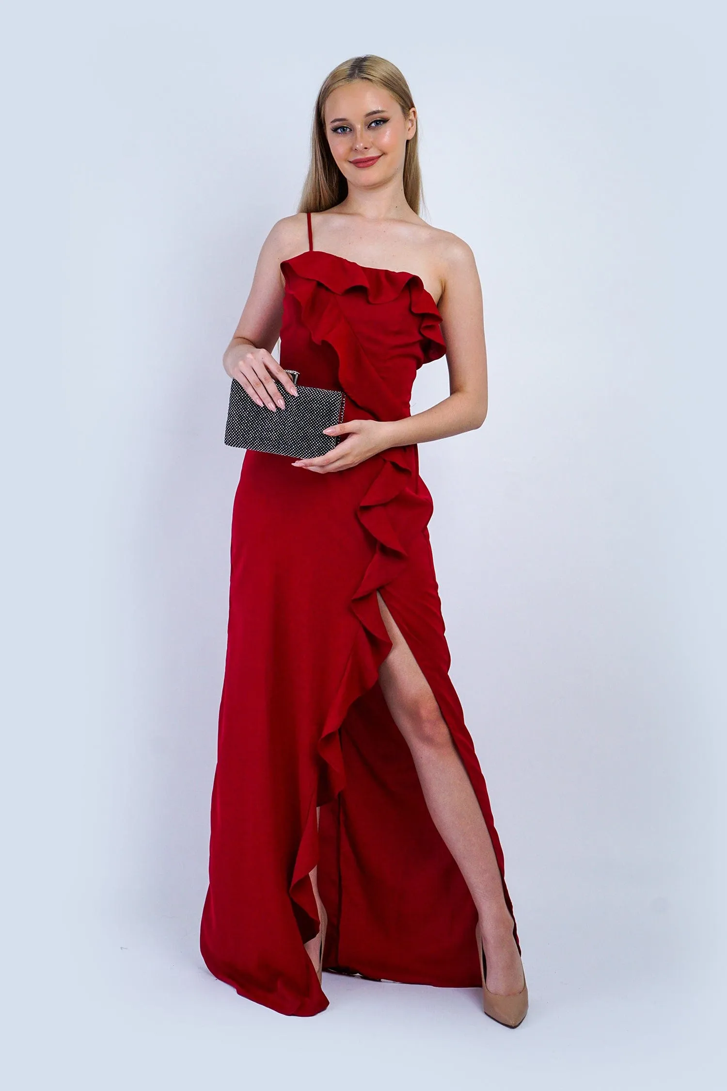 Deep Red One Shoulder Delicate Ruffle Gown