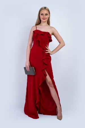 Deep Red One Shoulder Delicate Ruffle Gown
