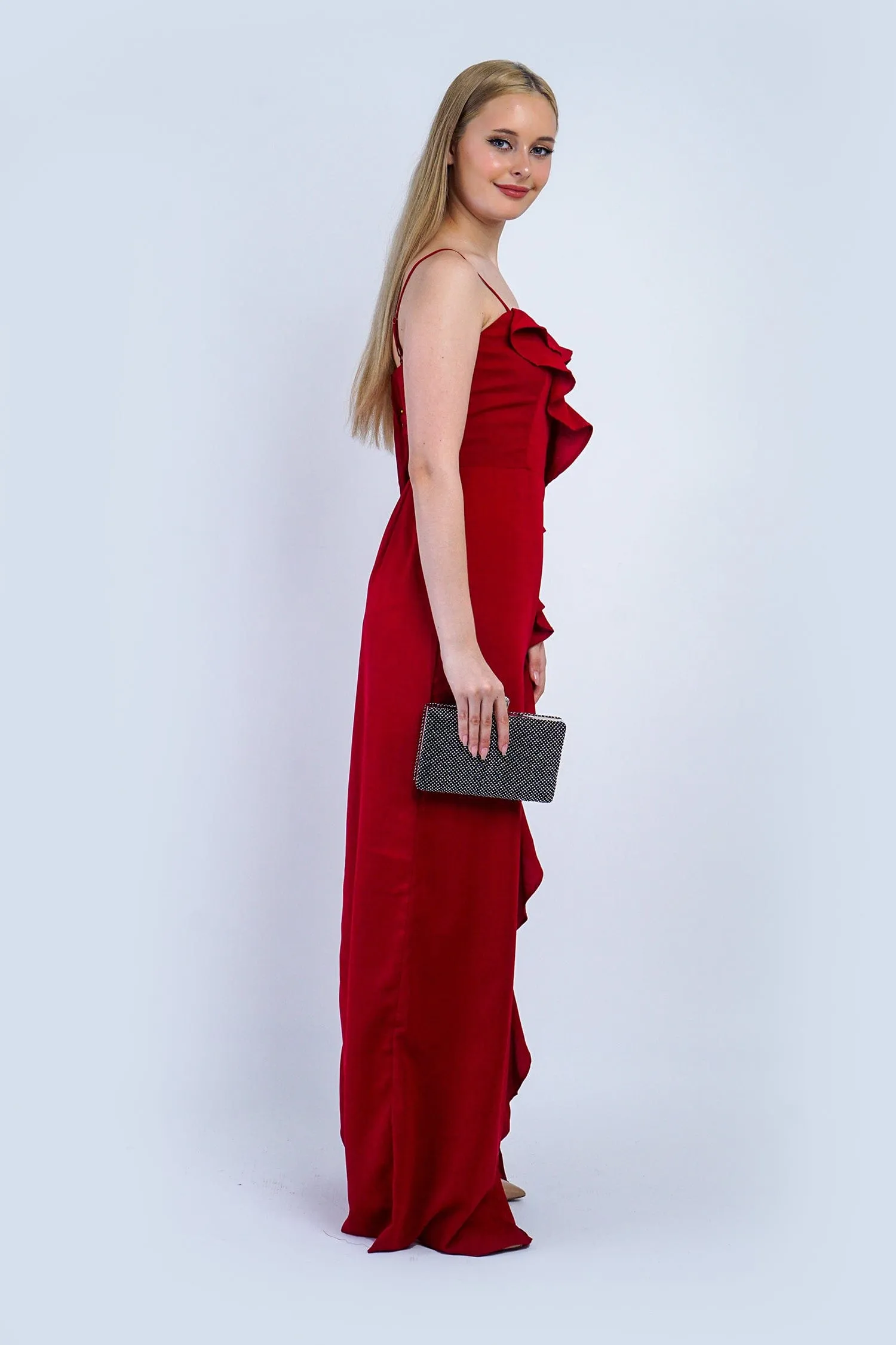 Deep Red One Shoulder Delicate Ruffle Gown