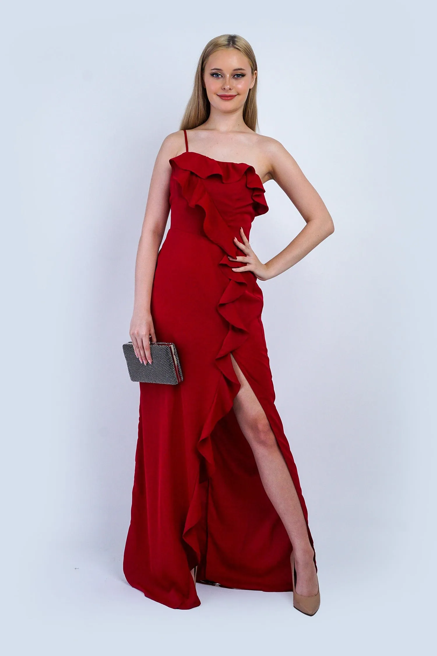 Deep Red One Shoulder Delicate Ruffle Gown