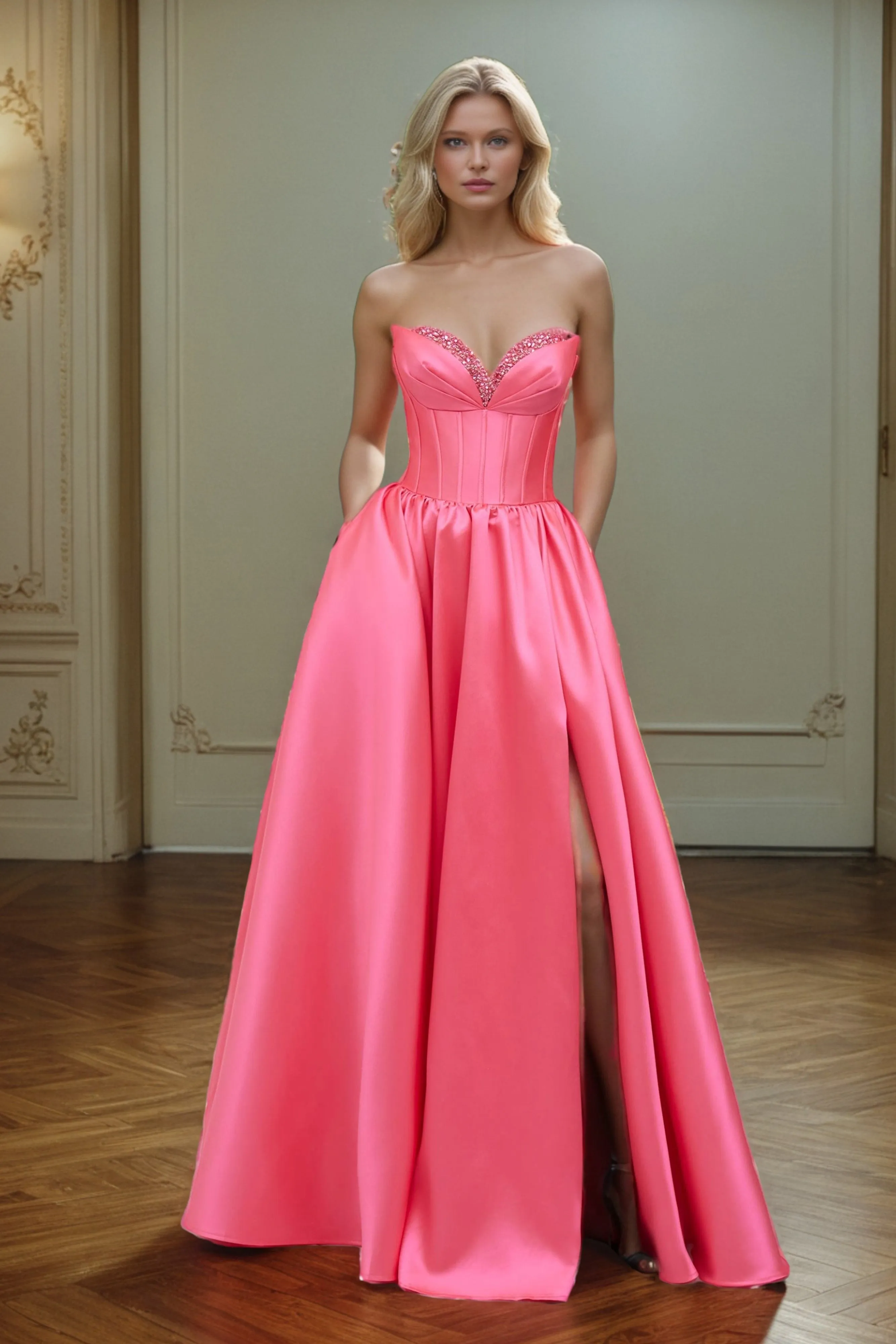 Delicate Beading Strapless Sleeveless Satin Party Dress with Slit