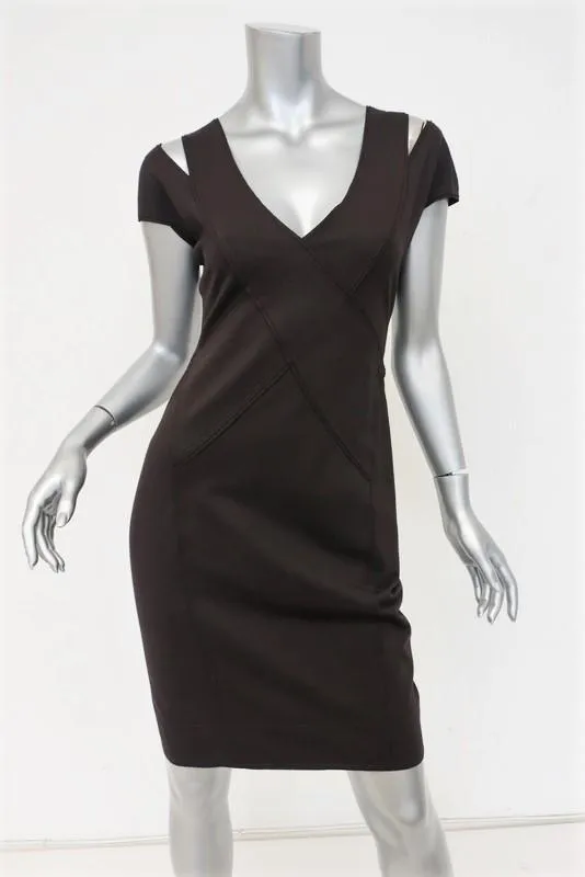 Donna Karan Dress Dark Brown Cutout Stretch Jersey Size 4 Cap Sleeve Sheath
