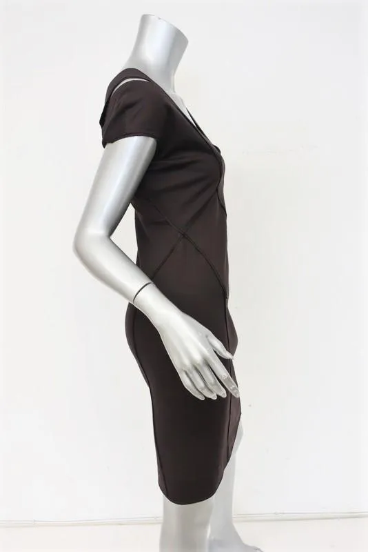 Donna Karan Dress Dark Brown Cutout Stretch Jersey Size 4 Cap Sleeve Sheath