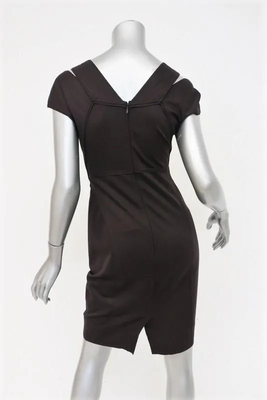 Donna Karan Dress Dark Brown Cutout Stretch Jersey Size 4 Cap Sleeve Sheath