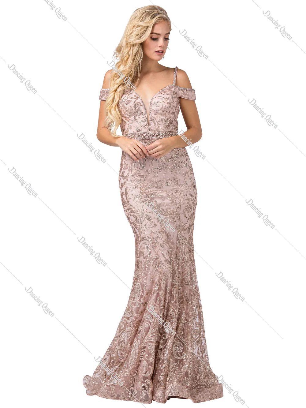 DQ 2772- Glitter Patterned Off the Shoulder Fit & Flare Prom Gown V-Neck & Beaded Belt