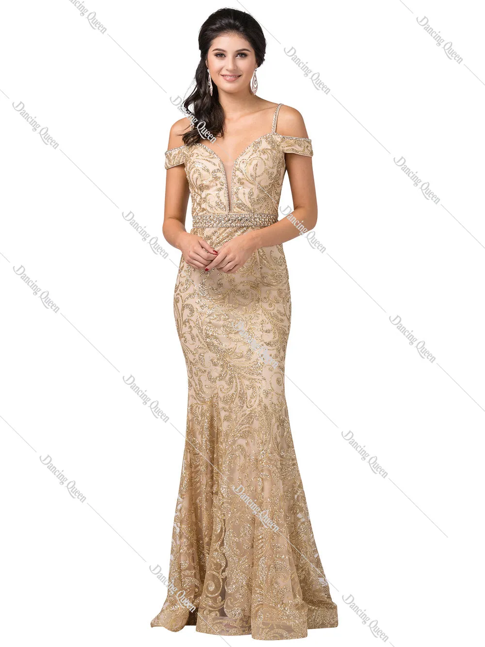 DQ 2772- Glitter Patterned Off the Shoulder Fit & Flare Prom Gown V-Neck & Beaded Belt