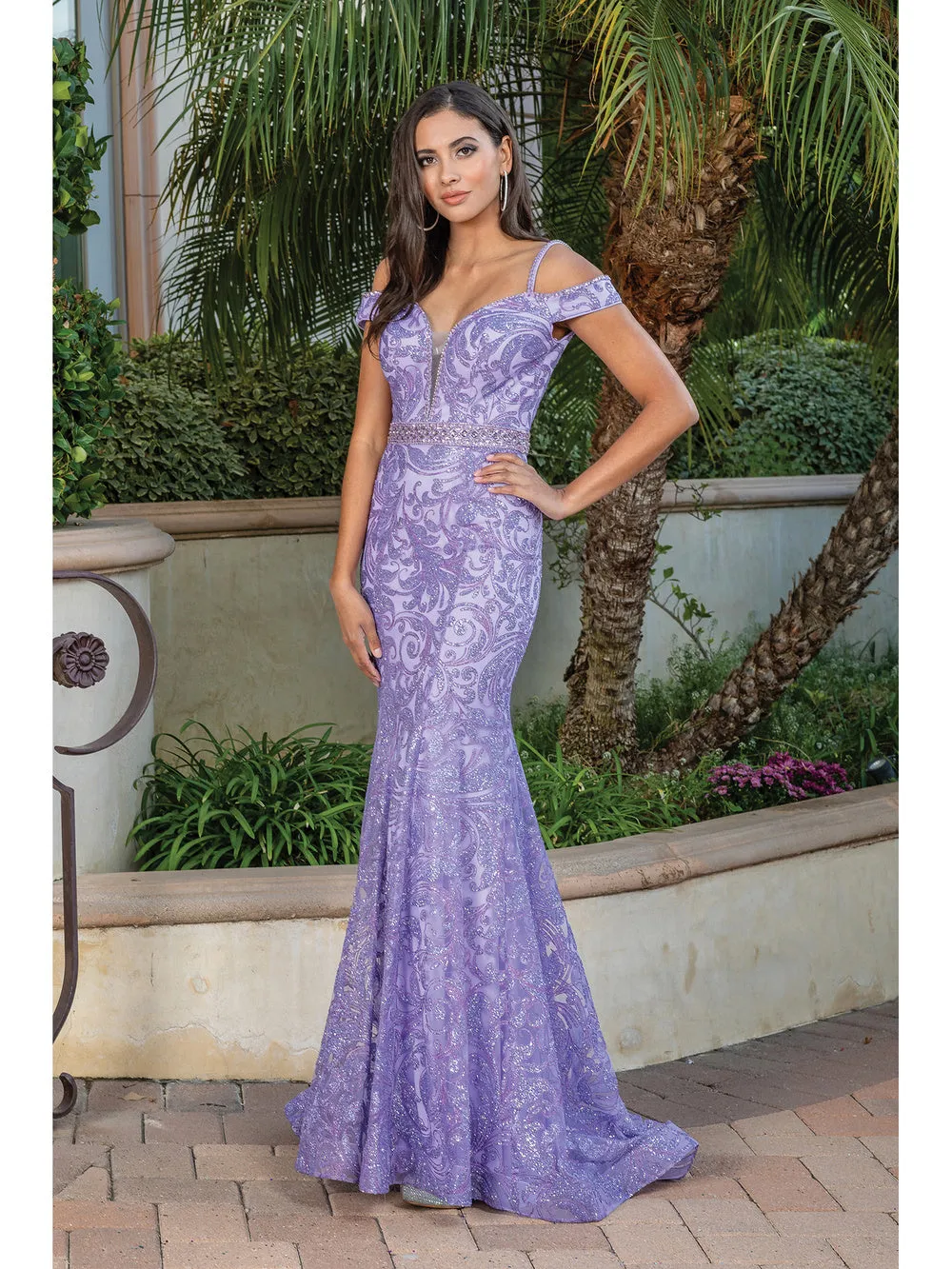 DQ 2772- Glitter Patterned Off the Shoulder Fit & Flare Prom Gown V-Neck & Beaded Belt