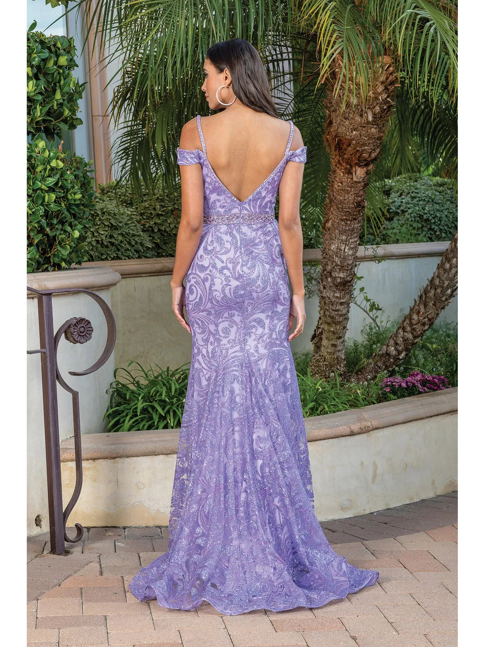 DQ 2772- Glitter Patterned Off the Shoulder Fit & Flare Prom Gown V-Neck & Beaded Belt