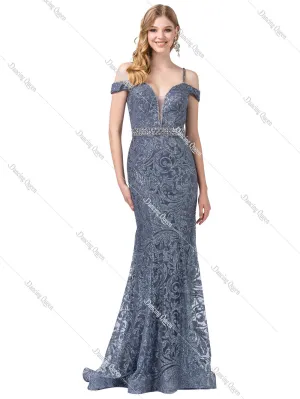DQ 2772- Glitter Patterned Off the Shoulder Fit & Flare Prom Gown V-Neck & Beaded Belt