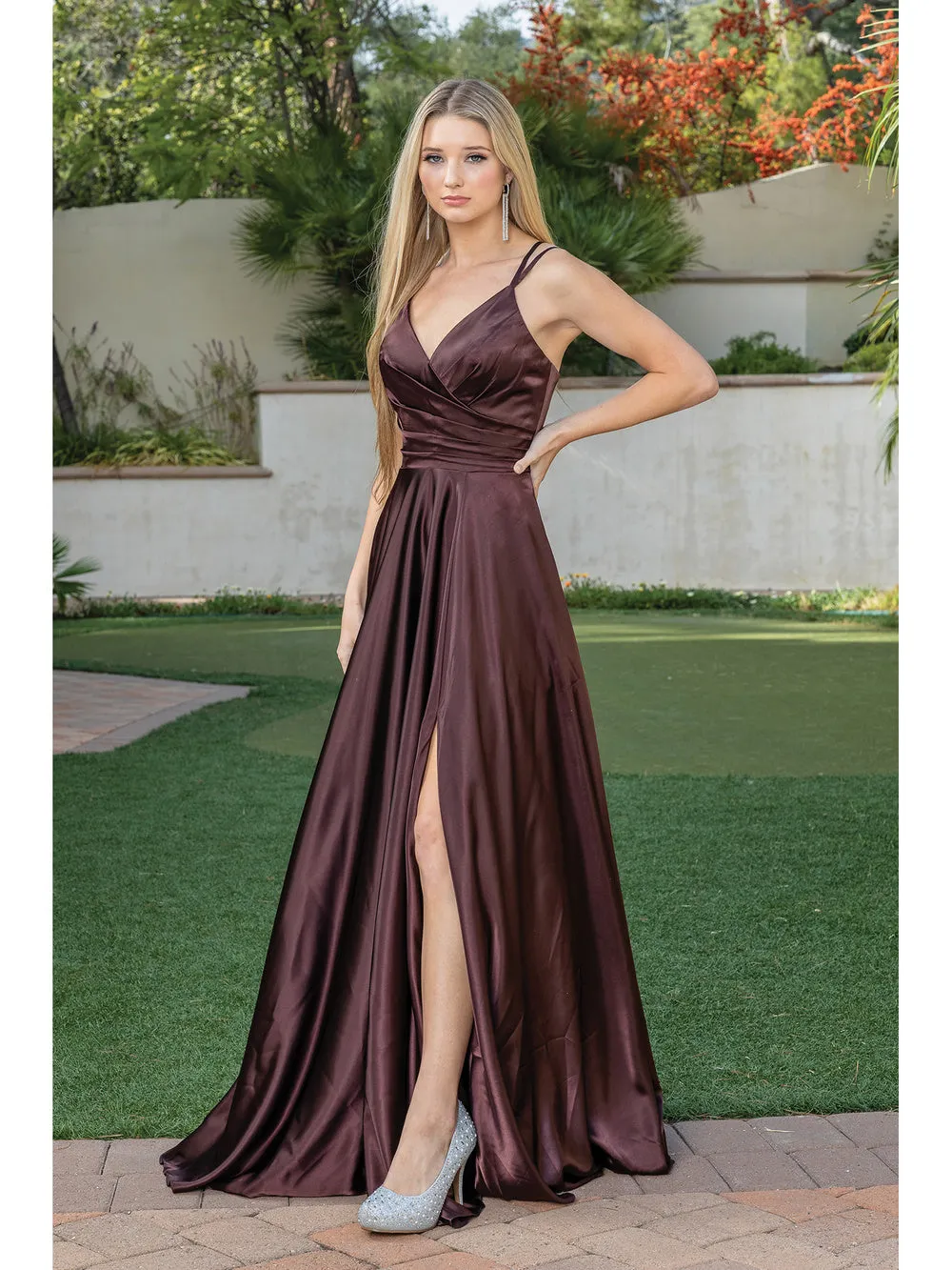 DQ 4263 - A-Line Prom Gown with Leg Slit V-Neck and Bodice Rouching