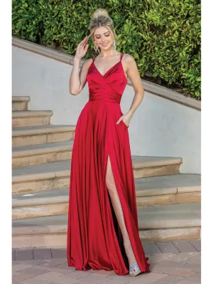 DQ 4263 - A-Line Prom Gown with Leg Slit V-Neck and Bodice Rouching